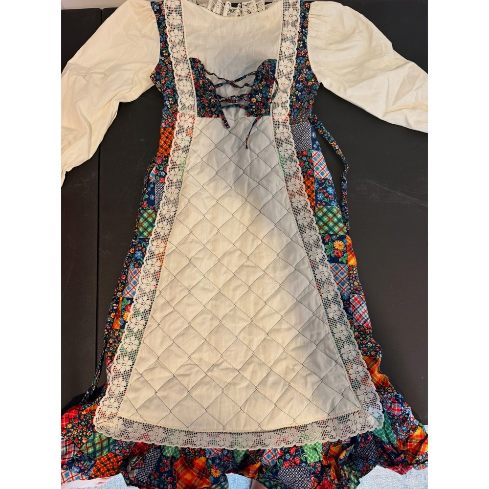 Girls Dirndl Dress Outfit Multicolor Patchwork Floral Lace Apron Cotton Sz 6
